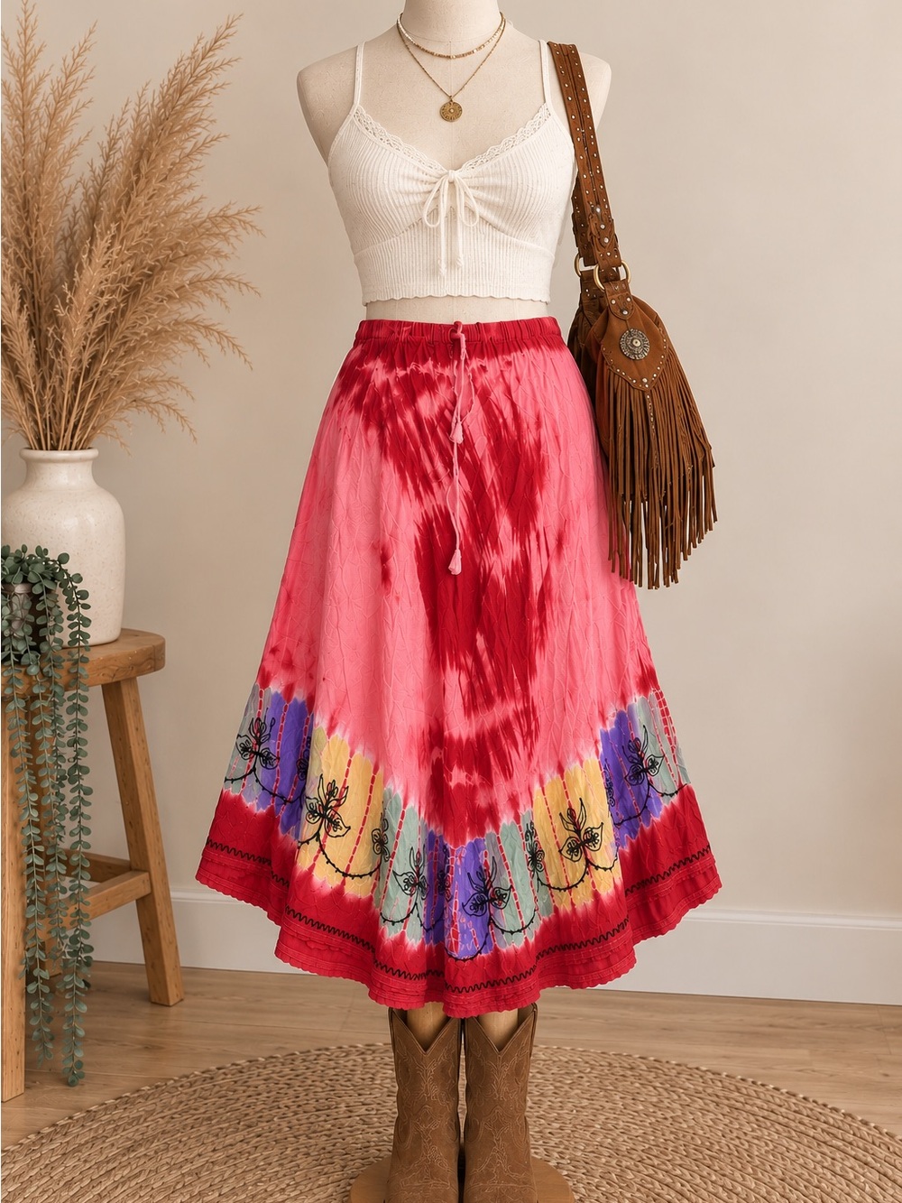 Boho Tie-Dye Midi Skirt in Pink & Red